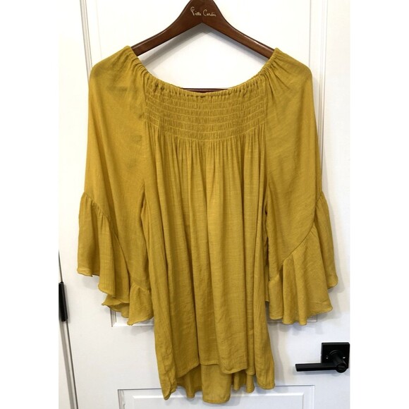 Mustard Yellow Smock Off Shoulder XL? Blouse 3/4 Bell Sleeve Fairy Boho Peasant - Picture 1 of 11